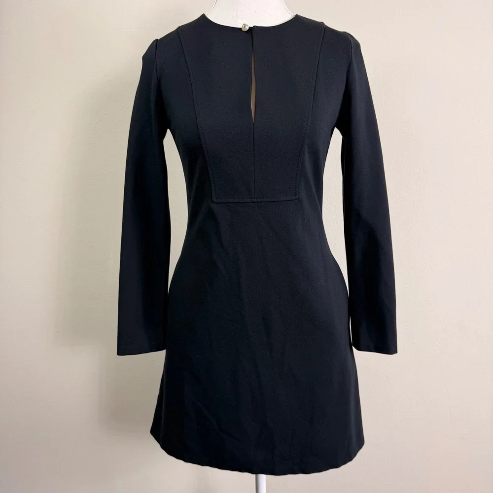 Tory Burch Black Knit Rory Long Sleeve Keyhole Mini Dress Logo Pearl Button XS